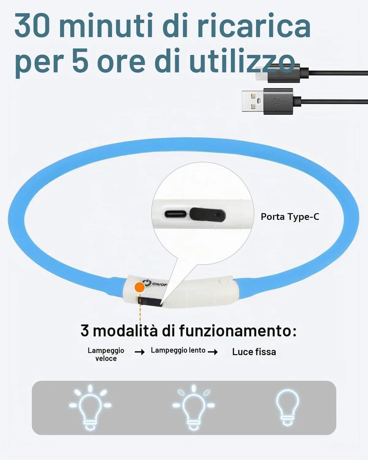 Joytale Collare luminoso LED blu USB taglia unica 70 cm visibile