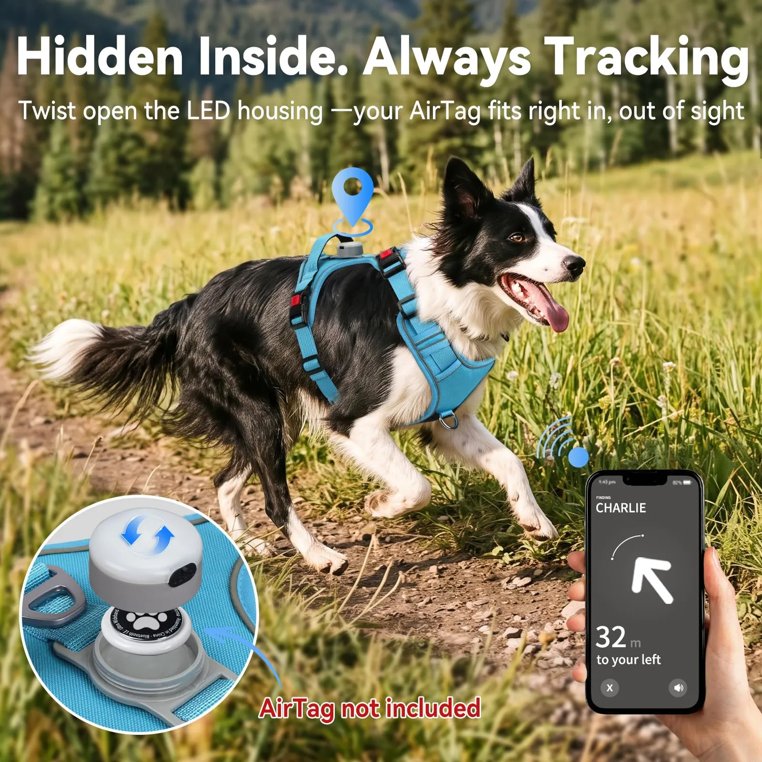 Joytale Pettorina LED Anti Tiro Blu M con Porta AirTag