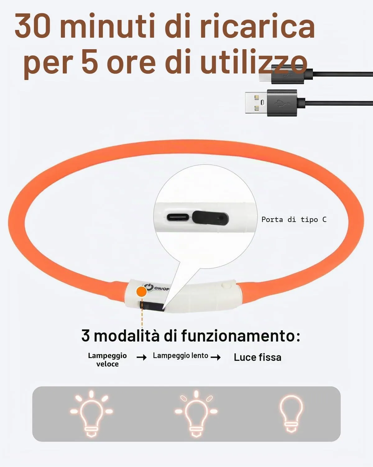 Joytale Collare Luminoso LED collare arancione ricaricabile USB